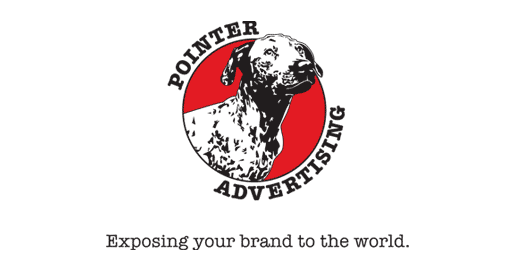 Pointer Advertising Logo - Black serif font around red circle with a dog in the center