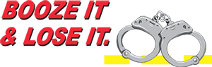 Booze It And Lose It Logo showing red uppercase type with handcuffs