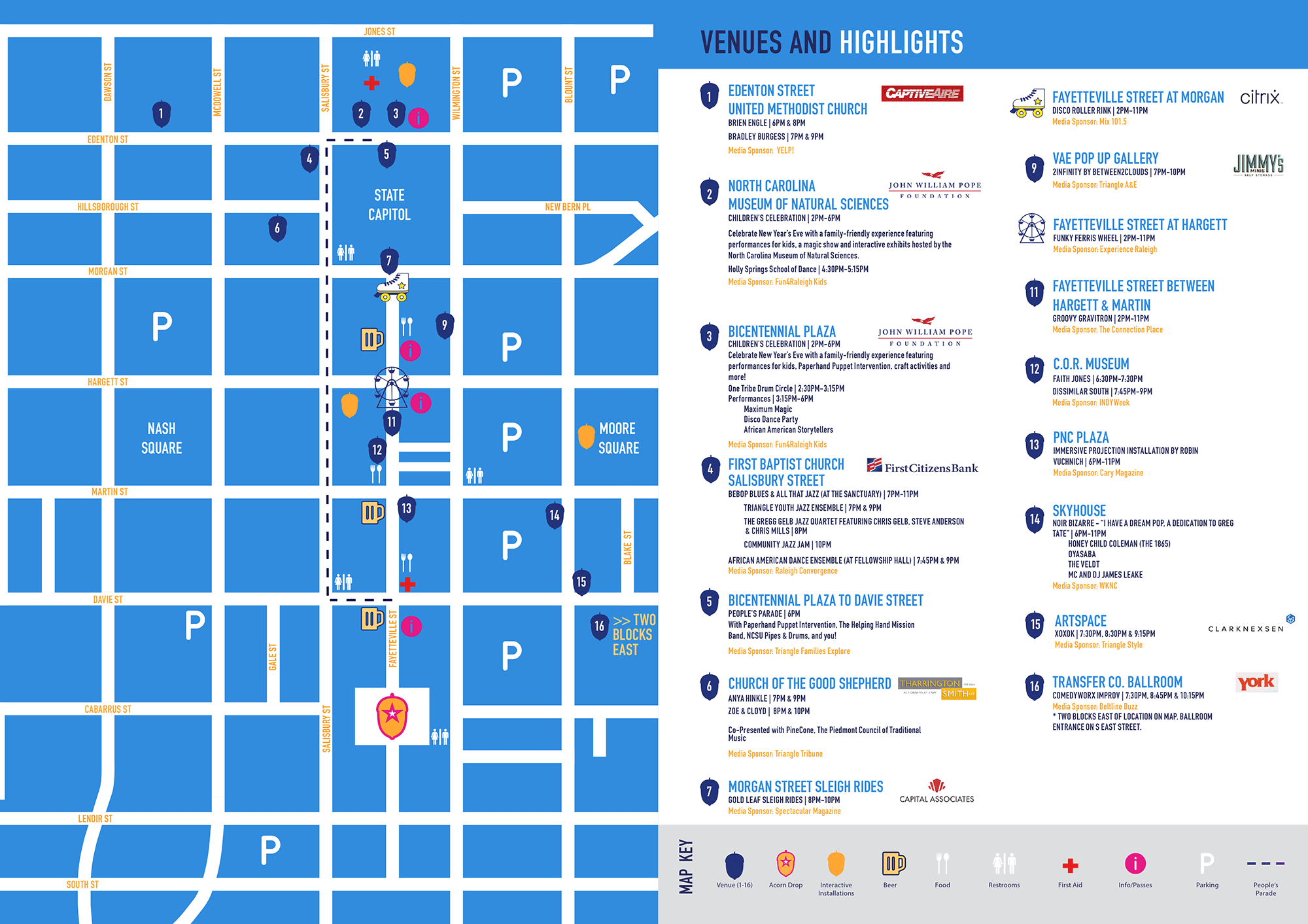 Map of first Night Raleigh 2022 showing map, highlights, and legend