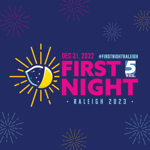 First Night Raleigh 2023 Logo - Dark blue background with illustrated fireworks surrounding magenta, cyan, and yellow logo with acorn icon