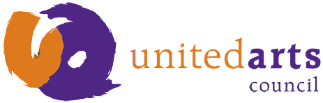 United Arts Council Logo - Orange and purple serif type with swoosh to left