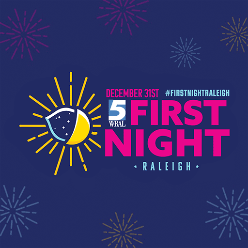 First Night Raleigh Logo - Dark blue background with illustrated fireworks surrounding magenta, cyan, and yellow logo with acorn icon