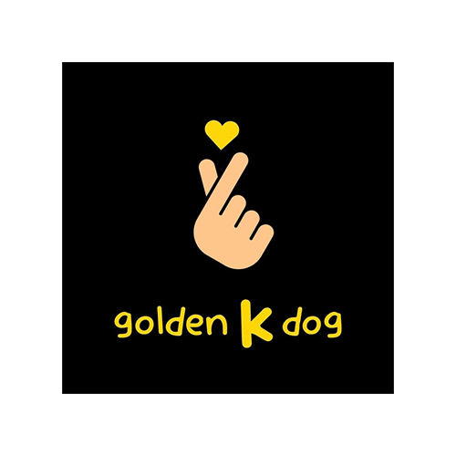 Golden K Dog Logo - Hand holding heart icon with yellow sans-serif type below